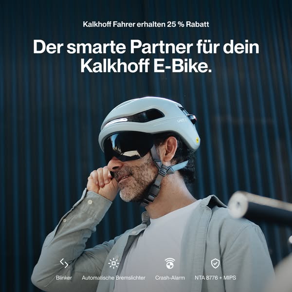 This image ad promotes Kalkhoff E-Bikes, highlighting the smart features of their helmets and offering a 25% discount to
