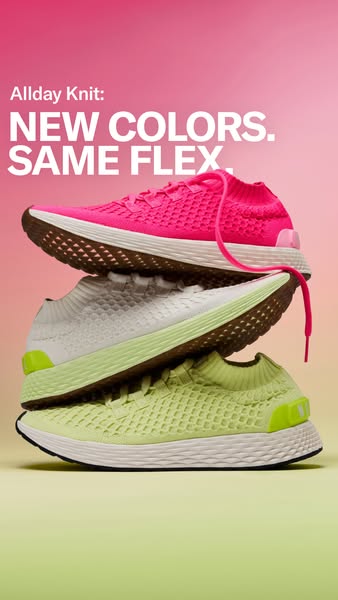 An image showcasing three pairs of "Allday Knit" shoes stacked in the center of the frame. Each pair has a dif