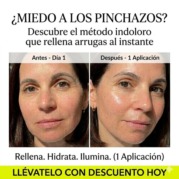 This image ad demonstrates the effects of a wrinkle filler product in Spanish. The ad shows before and after images of a