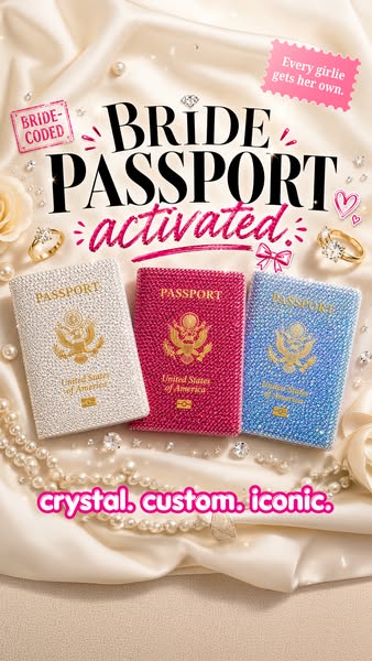 This image ad showcases three crystal-covered passport holders in different colors against a satin fabric background. Th