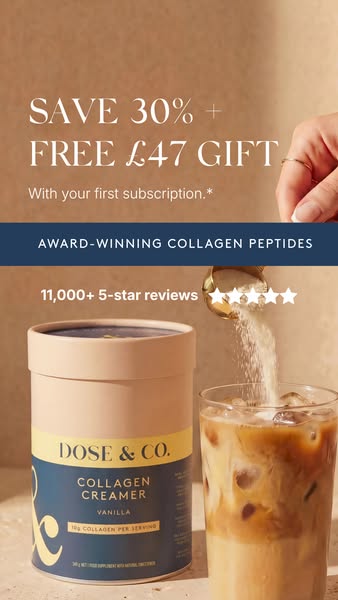 This image ad promotes Dose & Co. collagen creamer, offering 30% off plus a free gift with the first subscription. I