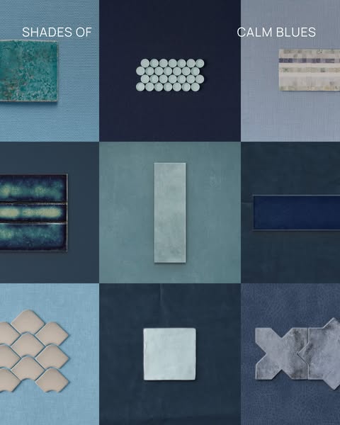 This image ad showcases different shades and textures of blue tiles. The ad emphasizes the beauty and versatility of blu