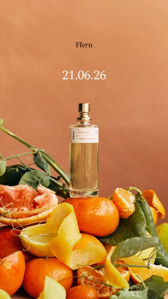 The ad features a bottle of Summer 26 organic eau de toilette from the brand Ffern positioned among fresh citrus fruits,
