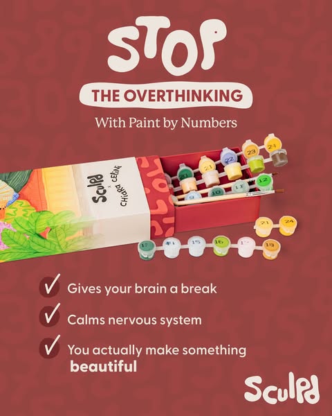 This image ad features a paint-by-numbers kit from Sculpd, emphasizing the product's ability to calm the nervous sys