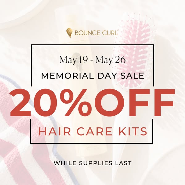An image ad for Bounce Curl promoting a 20% off sale on hair care kits for Memorial Day. The sale runs from May 19 to Ma
