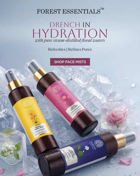 This image ad for Forest Essentials face mists emphasizes the hydration and pore-refining benefits of the product line. 