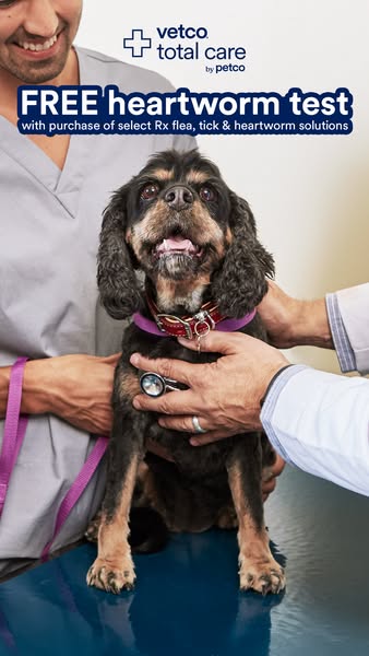 This image ad by Vetco Total Care by Petco promotes a free heartworm test with the purchase of select flea, tick, and he