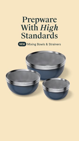 This ad features a collection of navy blue prepware with stainless steel accents, emphasizing the brand's commitment