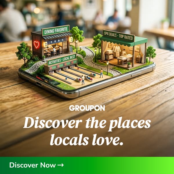 This Groupon ad uses a diorama of miniature businesses on a phone screen to convey the concept of discovering local spot