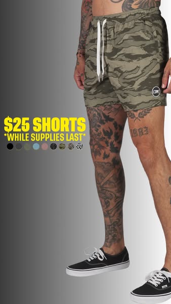 A single image ad showing a person wearing green camo shorts with the offer of a $25 price point.