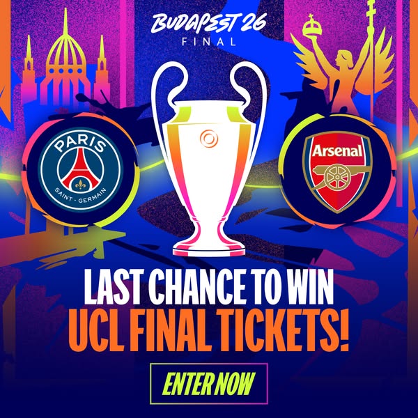This image promotes a contest to win tickets to the UCL final in Budapest. It features branding for Paris Saint-Germain 