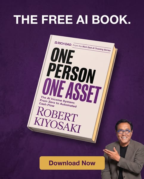 This ad promotes the 'One Person One Asset' book by Robert Kiyosaki. It highlights the book's focus on build