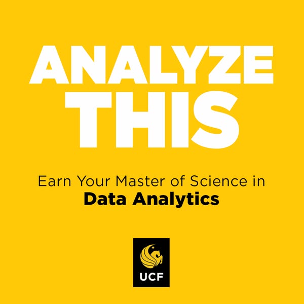 This ad is for the University of Central Florida's master of science in data analytics program. The image shows a br
