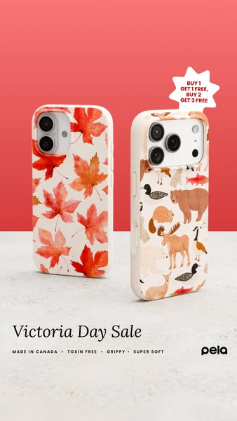 An ad for Pela phone cases promotes the brand's Victoria Day sale with a buy-one-get-one-free promotion. The image f
