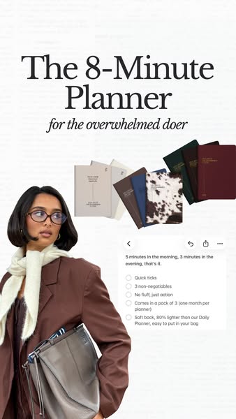 This ad promotes the 8-Minute Planner. It utilizes a minimalistic aesthetic with a cream and light gray color palette. T