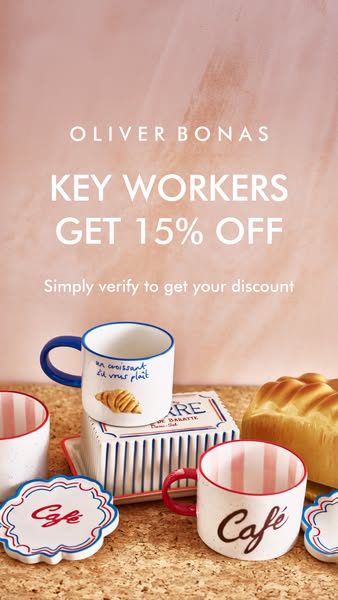 This image ad from Oliver Bonas offers a 15% discount to key workers. The ad features an array of mugs, coasters, and ce