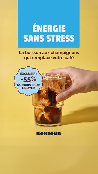 This image ad promotes Bonjour, a mushroom beverage marketed as a stress-free alternative to coffee. The ad shows a hand