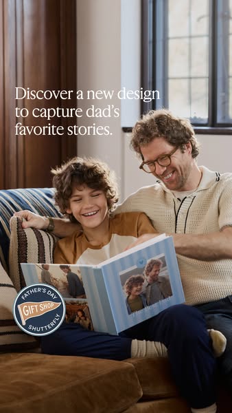 An ad for Shutterfly featuring a father and son looking at a photo album with a 'Father's Day Gift Shop' sti