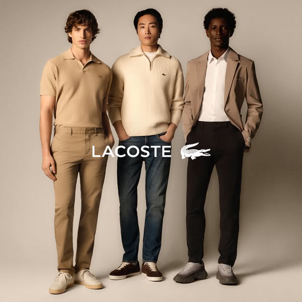 This ad features three men modeling Lacoste clothing. The ad showcases a range of styles, from casual to business casual