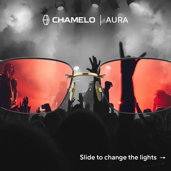 The ad features sunglasses with lenses that reflect a concert scene, which are the Chamelo Aura sunglasses. The ad empha