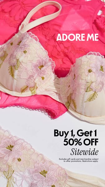 This ad promotes Adore Me lingerie with a Buy One, Get One 50% off sitewide offer. The image features a close-up shot of