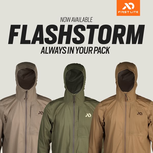 This image ad for First Lite promotes its Flashstorm rain gear. Three versions of the jacket are displayed under the tex