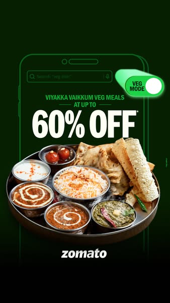 This Zomato ad promotes vegetarian meals with a discount of up to 60% off. The ad is visually designed as if the user ha