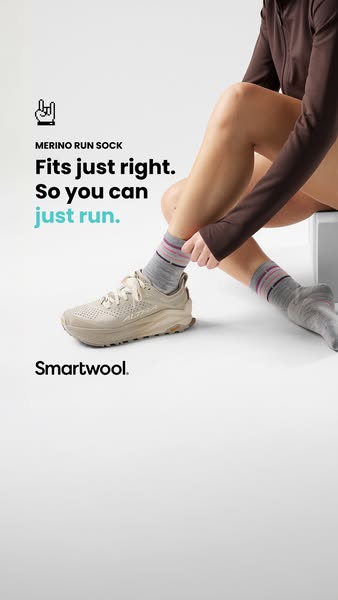 This ad promotes Smartwool's Merino Run Sock. The ad features a person wearing the socks with running shoes. The tex