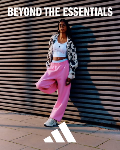 This ad features a model wearing Adidas apparel. The ad promotes a variety of Adidas clothing, emphasizing a stylish loo