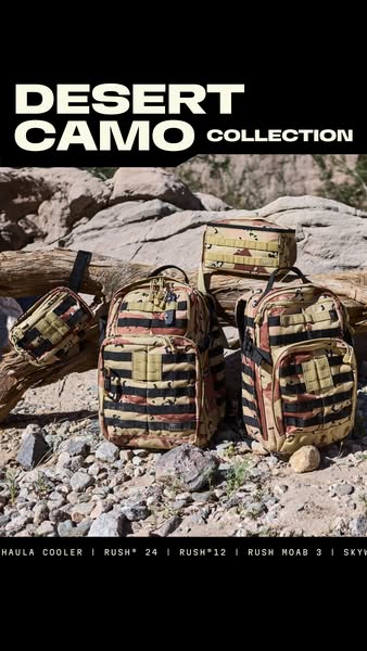 The image is an advertisement for the Desert Camo Collection, featuring multiple products against an outdoor backdrop of