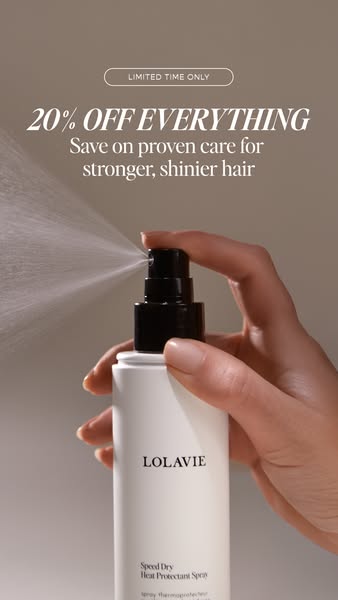 This image ad is promoting Lolavie's Speed Dry Heat Protectant Spray, highlighting a 20% off everything sale for a l