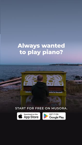 The ad presents the Musora app as a solution for people who have always wanted to play piano by offering a free trial.