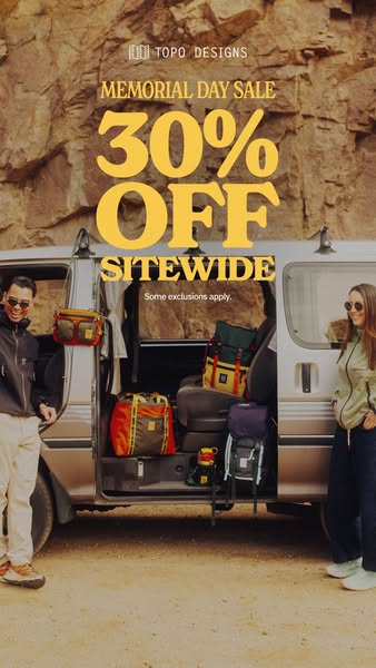 This ad promotes a Memorial Day Sale from Topo Designs, offering 30% off sitewide, with some exclusions applying. The ad