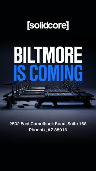 The ad announces the upcoming opening of a [solidcore] location in Biltmore. It features a row of [solidcore] machines, 