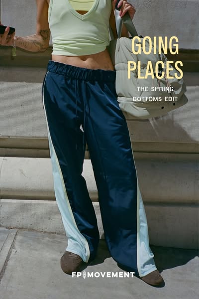 This ad promotes Free People's FP Movement line of bottoms. The ad showcases a woman wearing the pants with the head