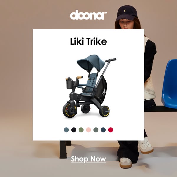 This image ad showcases the Doona Liki Trike. The hero image features a stylish woman sitting with the trike.  It highli
