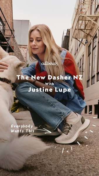 This image ad features Allbirds' new Dasher NZ shoe model, showcasing its design and appeal through a lifestyle shot