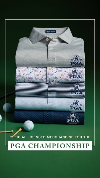 This is an image ad for official PGA Championship merchandise made by Peter Millar. A stack of folded polo shirts featur