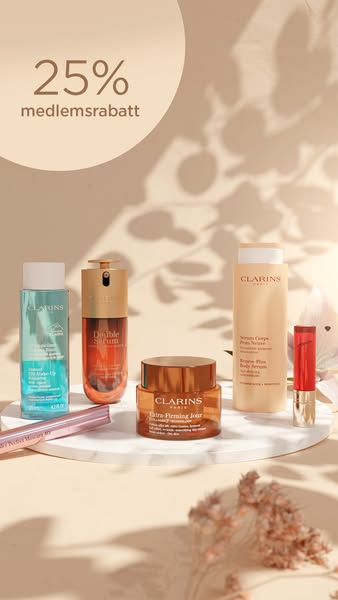 This ad for Clarins promotes the brand's skincare and makeup products with an offer for members. The ad uses a clean