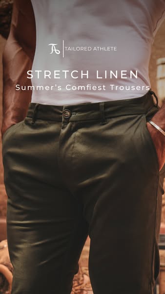 This image ad features Tailored Athlete's Stretch Linen trousers. The ad emphasizes the comfort and style of the tro