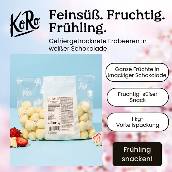 This ad features a bag of freeze-dried strawberries in white chocolate by KoRo. The ad emphasizes the product's swee