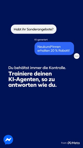 The ad is in the style of a chat conversation on Facebook Messenger. The user asks if there are any special offers, and 