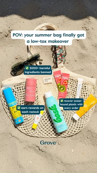 This image ad features a collection of summer essentials from Grove Co., positioned as low-tox alternatives for a beach 