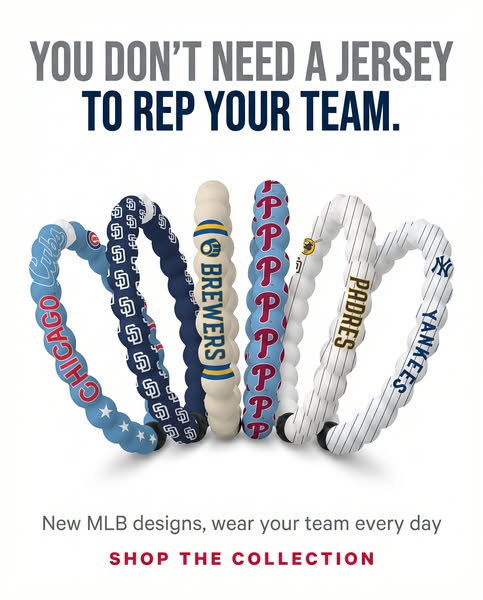 This image ad from an unknown brand features multiple baseball team designs of what appear to be silicone wristbands, st