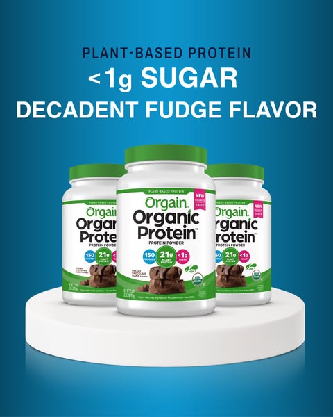 This ad promotes Orgain's organic, plant-based protein powder. The ad highlights that this product is packed with pr