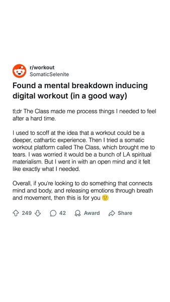 This ad features a screenshot of a Reddit post by a user named SomaticSelenite in the r/workout subreddit praising '