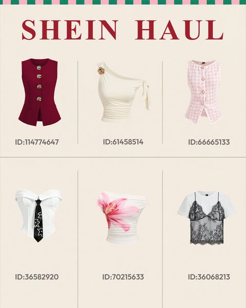 The ad features a 'Shein Haul' showcasing six different tops or vests, each displayed against a light background
