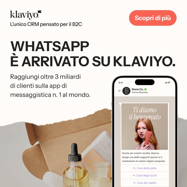 This ad announces that WhatsApp is now available on Klaviyo. The ad shows a phone displaying a welcome message from a sk