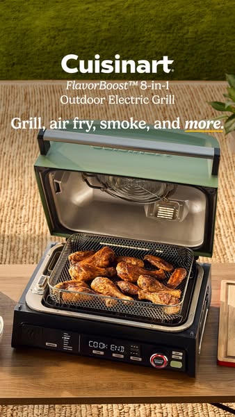 This image ad showcases the Cuisinart FlavorBoost™ 8-in-1 Outdoor Electric Grill. The grill is shown with chicken in the