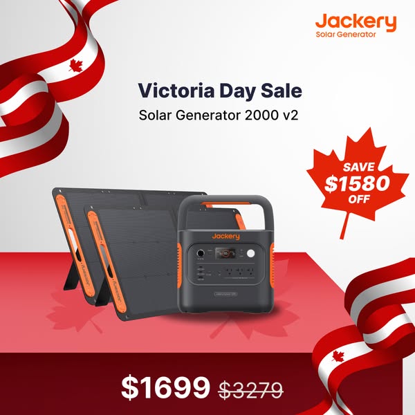 This image ad is advertising a Jackery Solar Generator 2000 V2 for Victoria Day, with a significant discount.